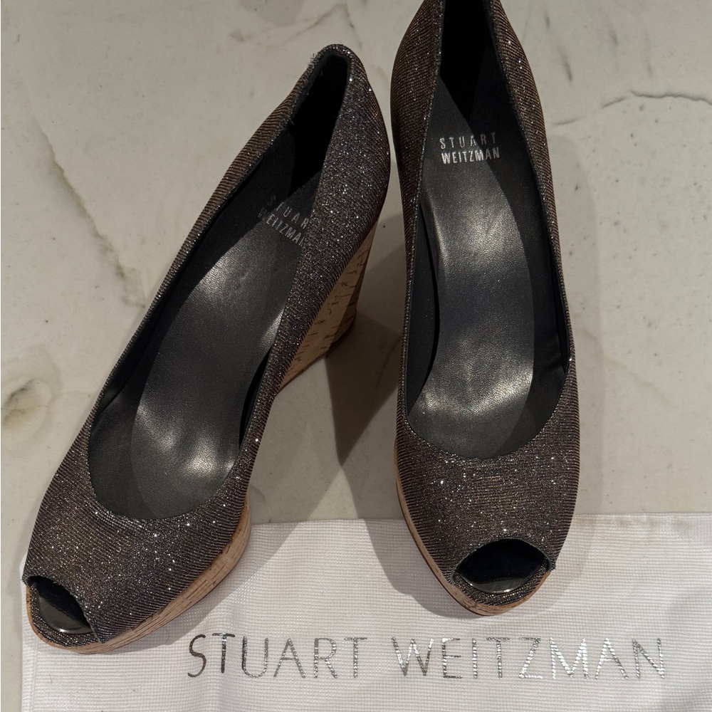 Stuart Weitzman Glittery Brown Peep Toe Wedges